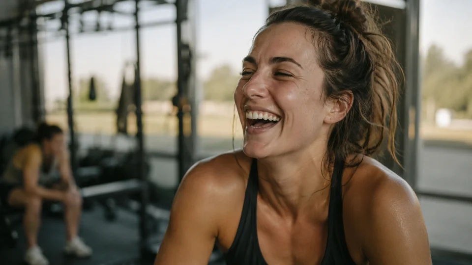an athletic woman in her late twenties laughing mid-workout