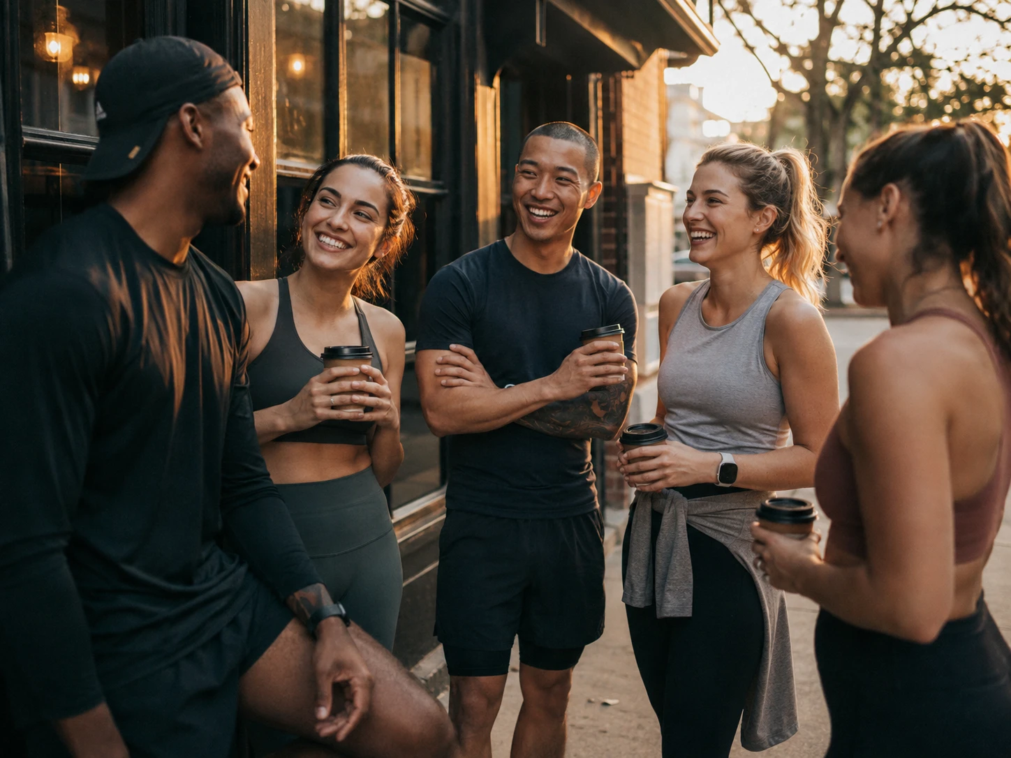 a diverse group of runners in their twenties and thirties gathered outside a city coffee shop
