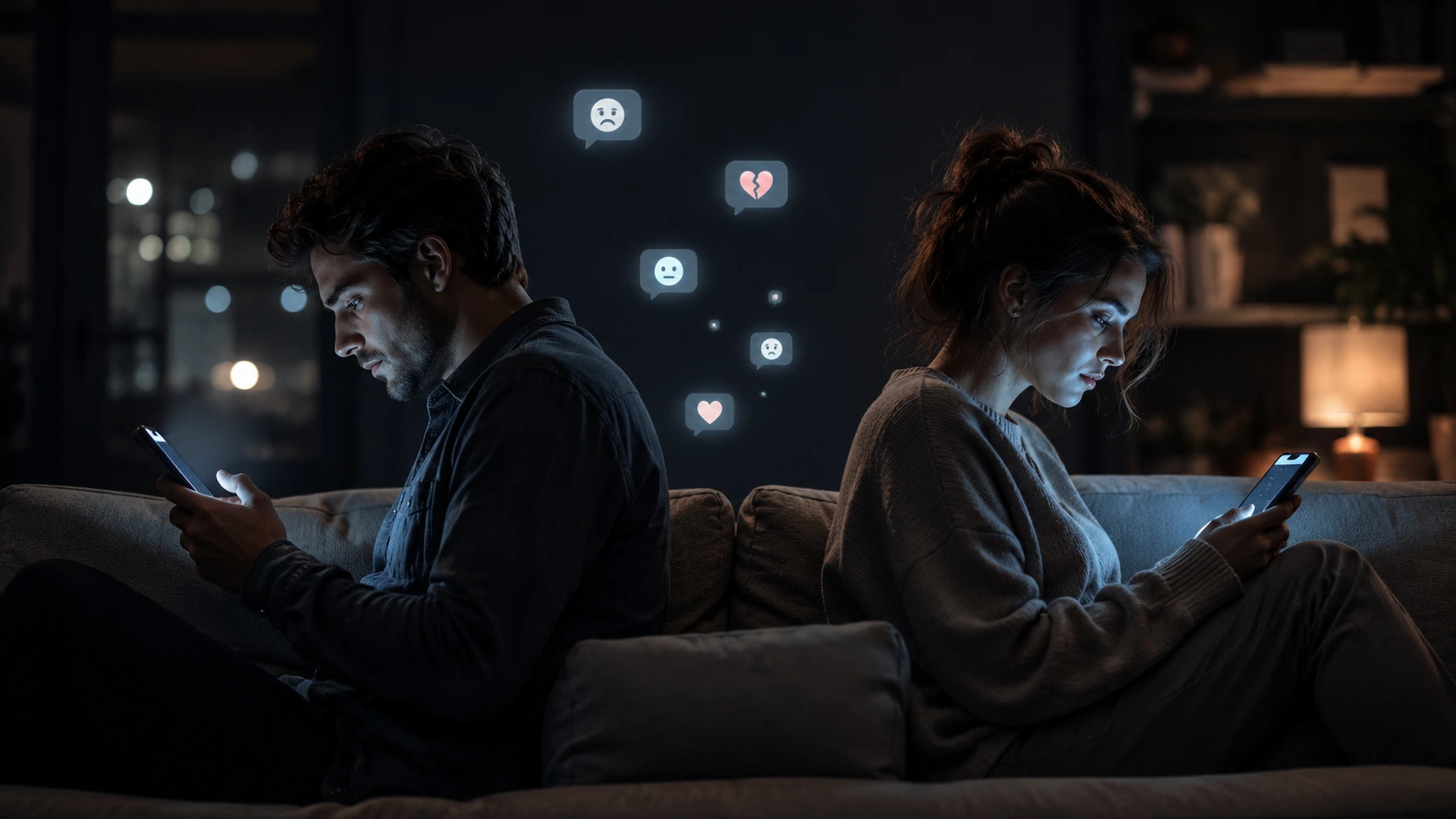 Two people sitting back to back on a couch at night, each lit by their phone screen