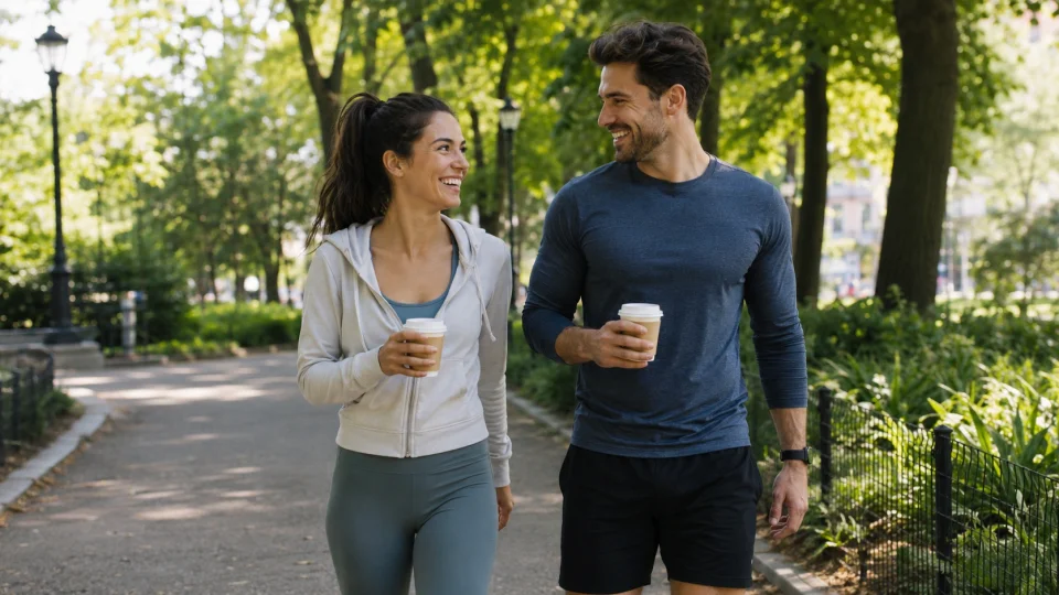 Couple walking through a sunlit park