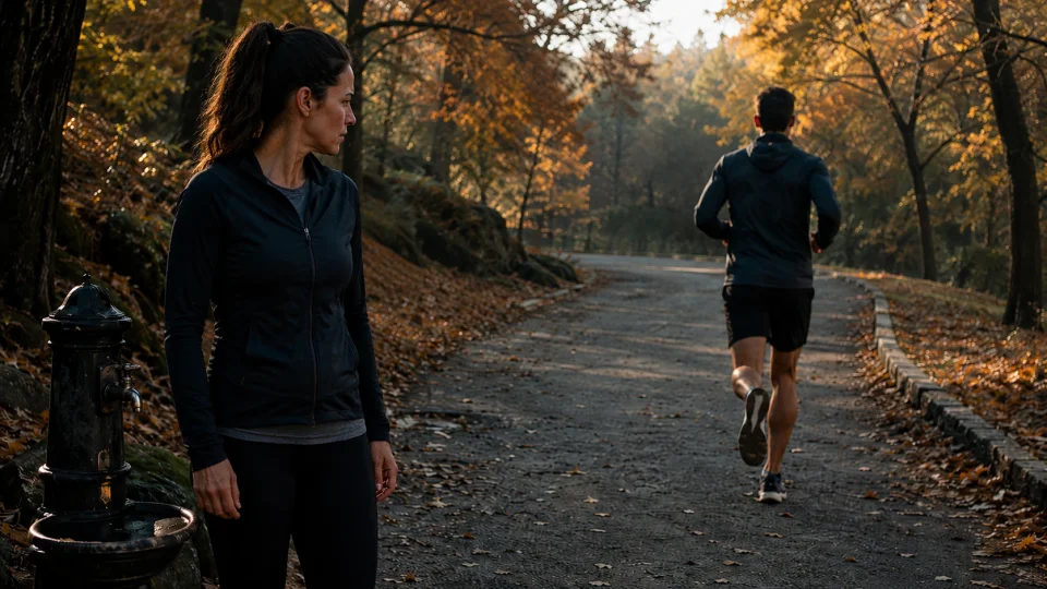 man running pass woman and she looks at him