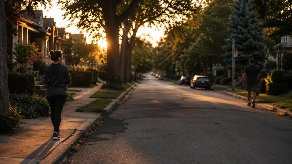 Man and woman walking on separate side of street