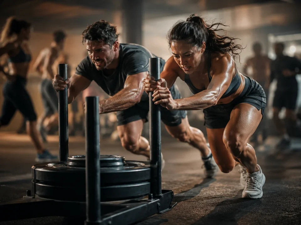 two fit adults in athletic wear pushing a heavy sled