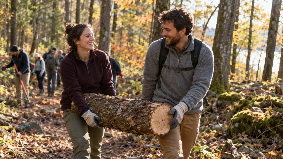 Man and a woman carry log while smiling