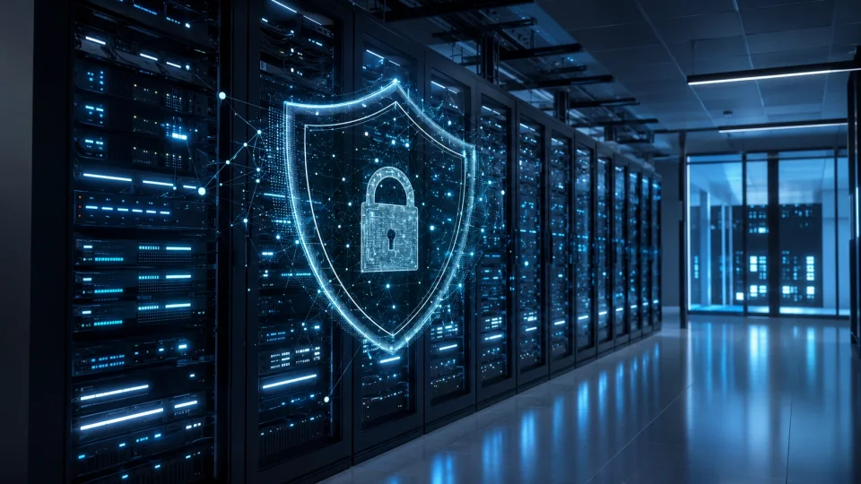 Futuristic server room with security shield