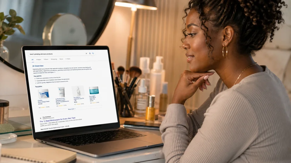 A beautiful black woman searching on google for beauty products and seeing AI results