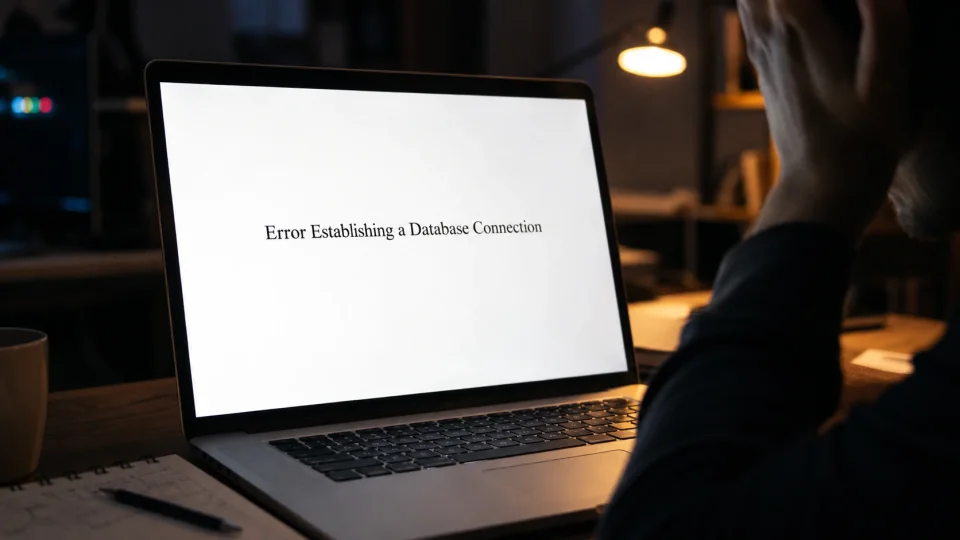 a laptop screen displaying the Error Establishing a Database Connection white screen message