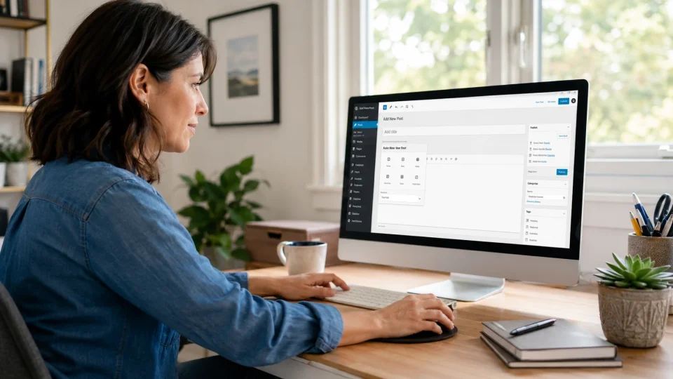 a female user on the computer using wordpress