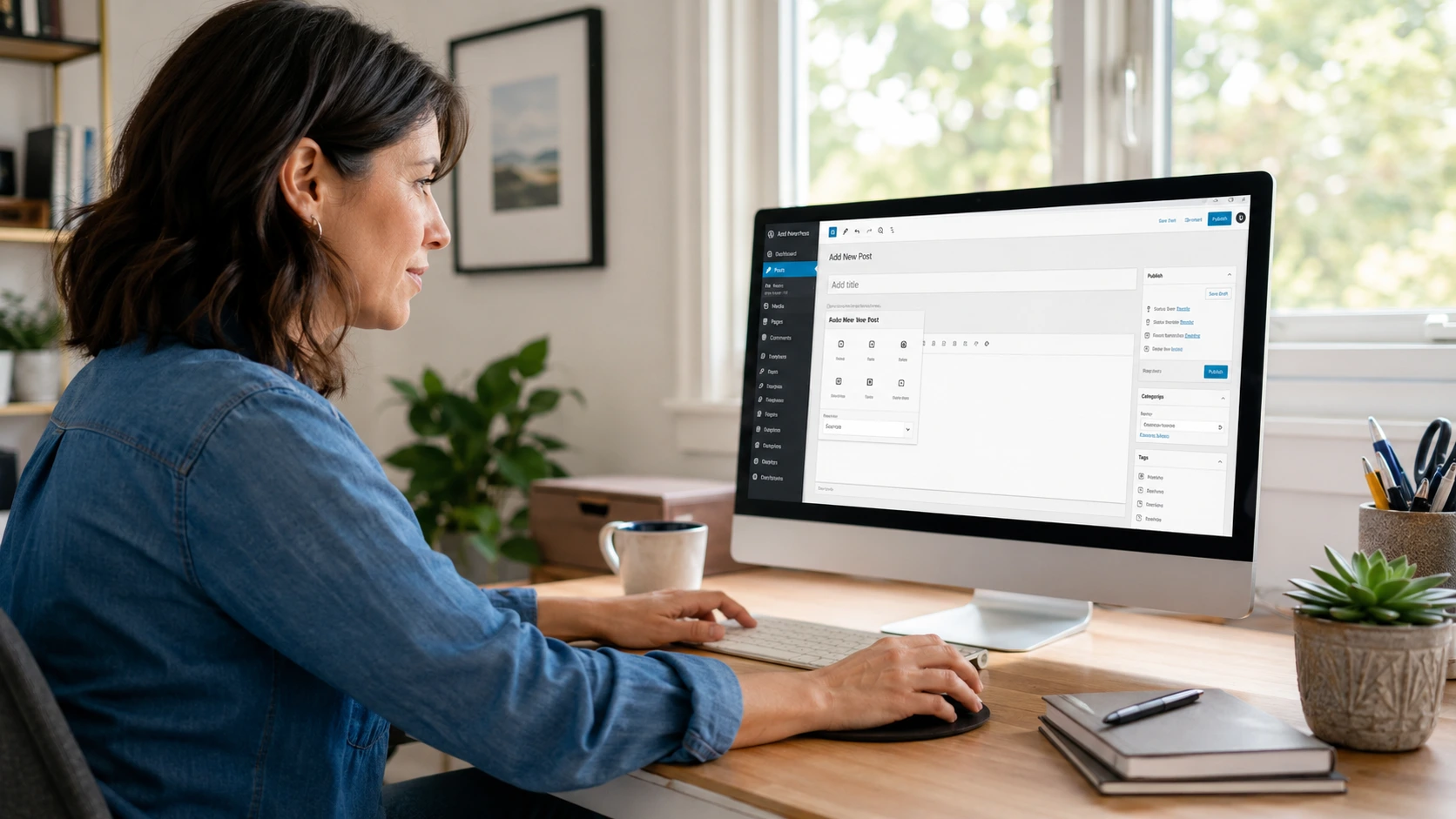 a female user on the computer using wordpress
