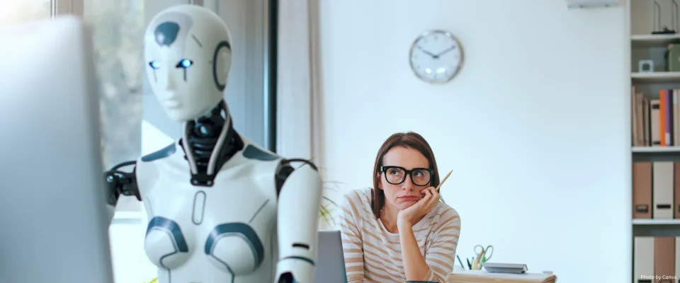 Office with female and AI robot