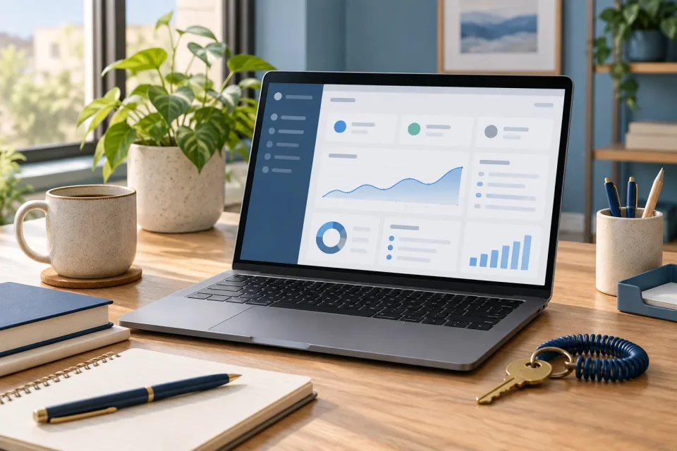 modern laptop on a tidy small-business desk displaying a generic website admin dashboard