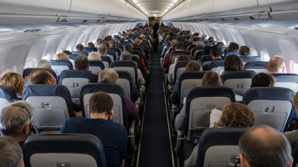 packed domestic airline economy cabin