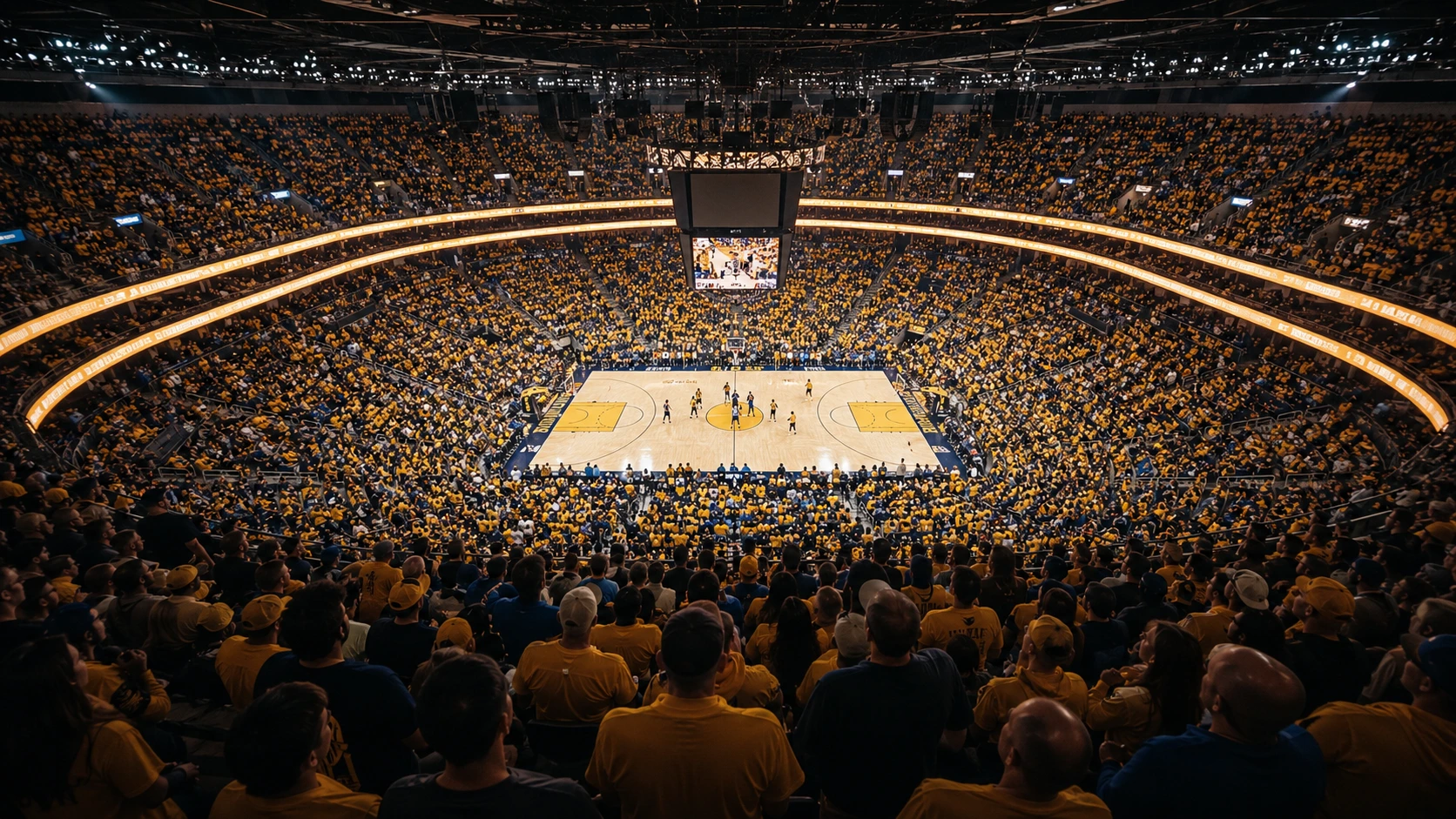 Exciting basketball game in packed arena