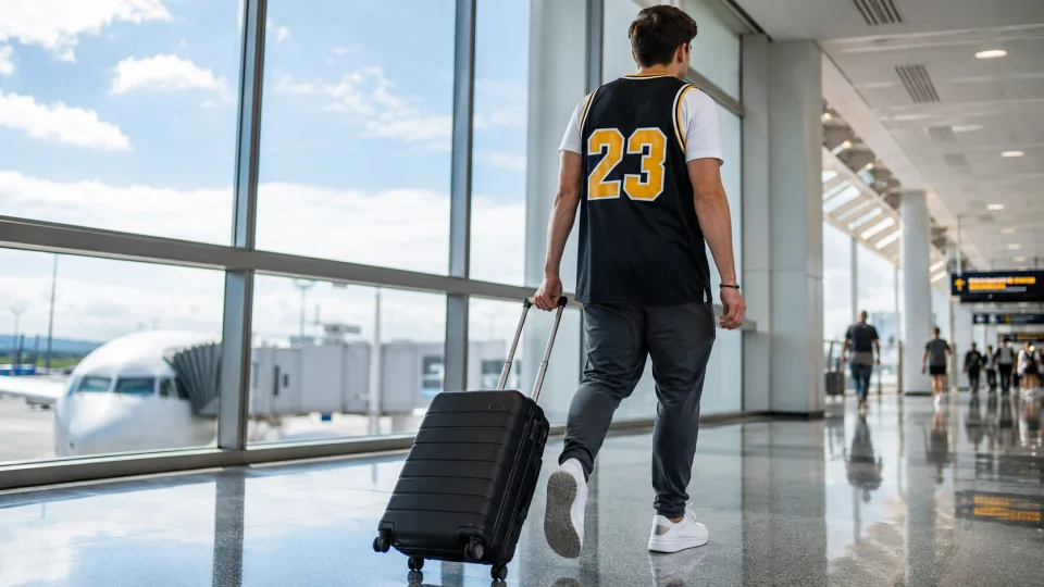 basketball fan in a team jersey rolling a carry-on through a bright, modern airport