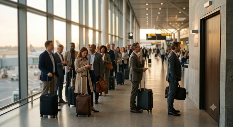 Business travelers waiting outside an unmarked airport lounge entrance