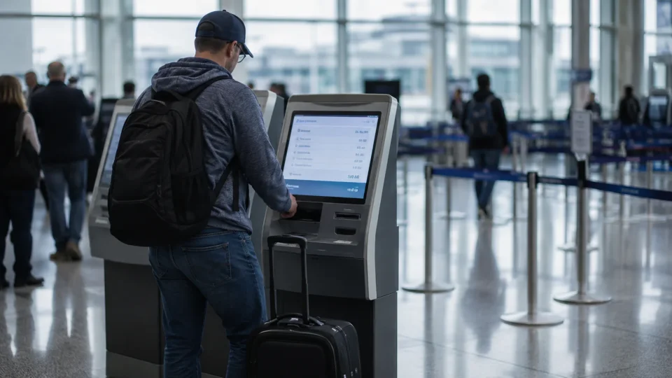traveler standing at an airline self-service check-in kiosk