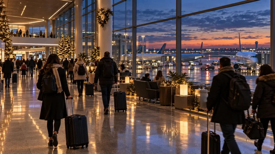 Airport terminal at dusk