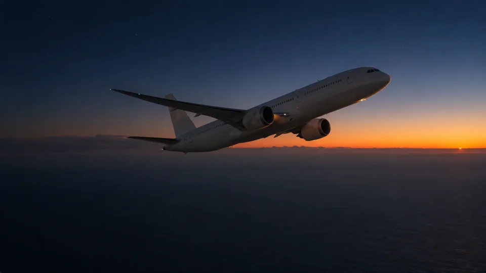 Widebody Jet Over Twilight Ocean