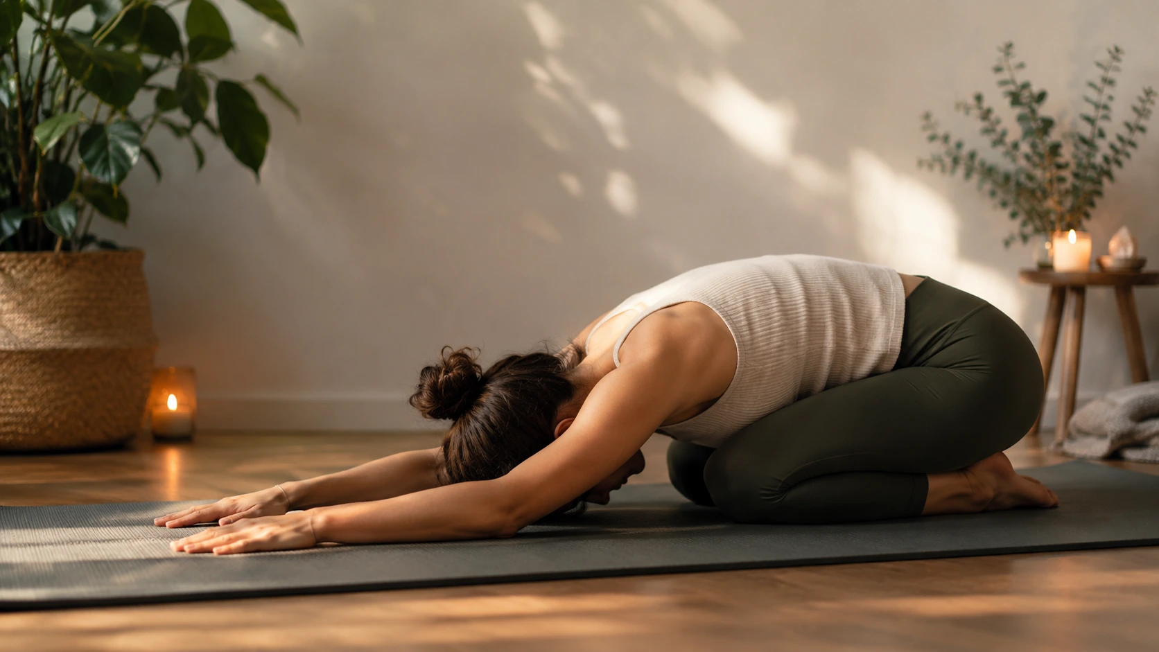 Calm studio portrait of a person in Child's Pose Yoga