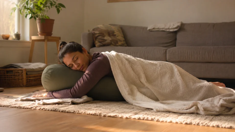A person lying in a supported restorative yoga pose