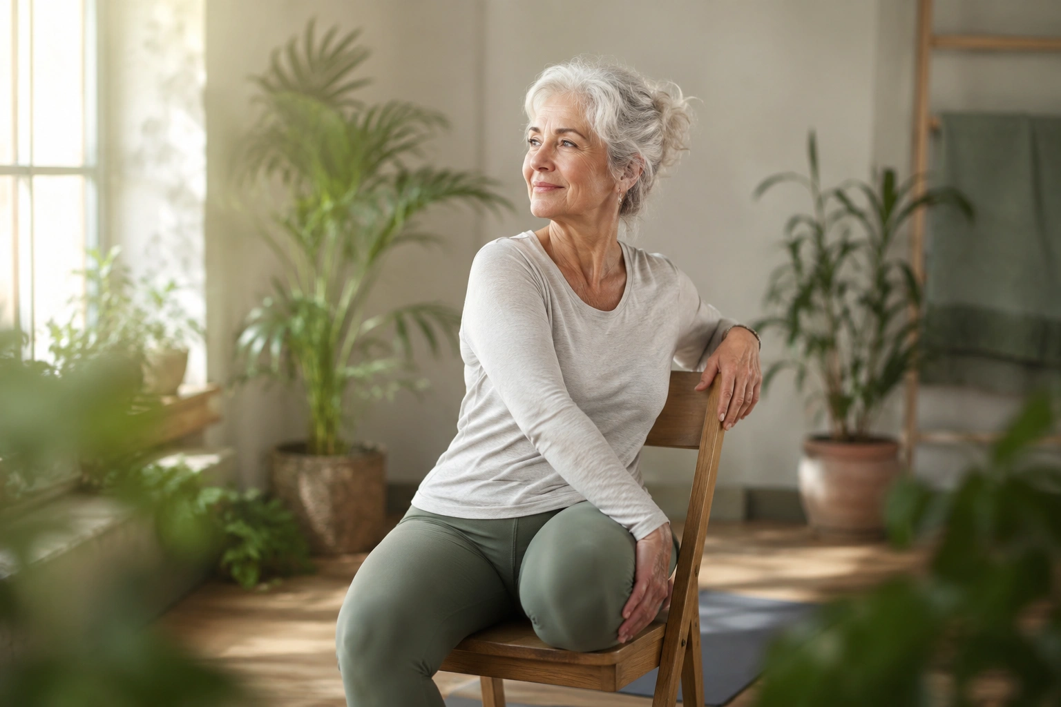 Woman having a peaceful yoga moment in a sunny room