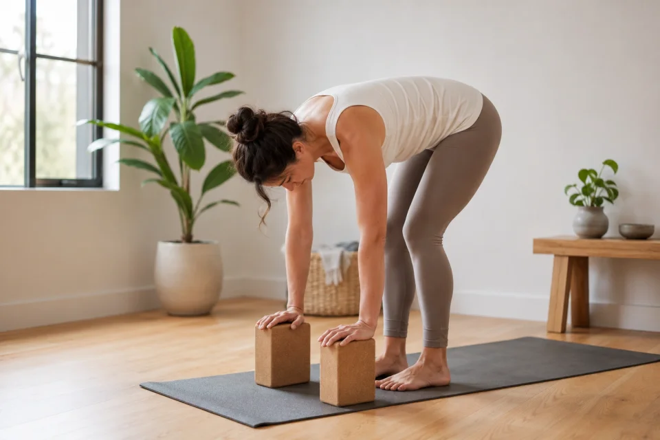 A beginner practicing a standing forward fold with bent knees