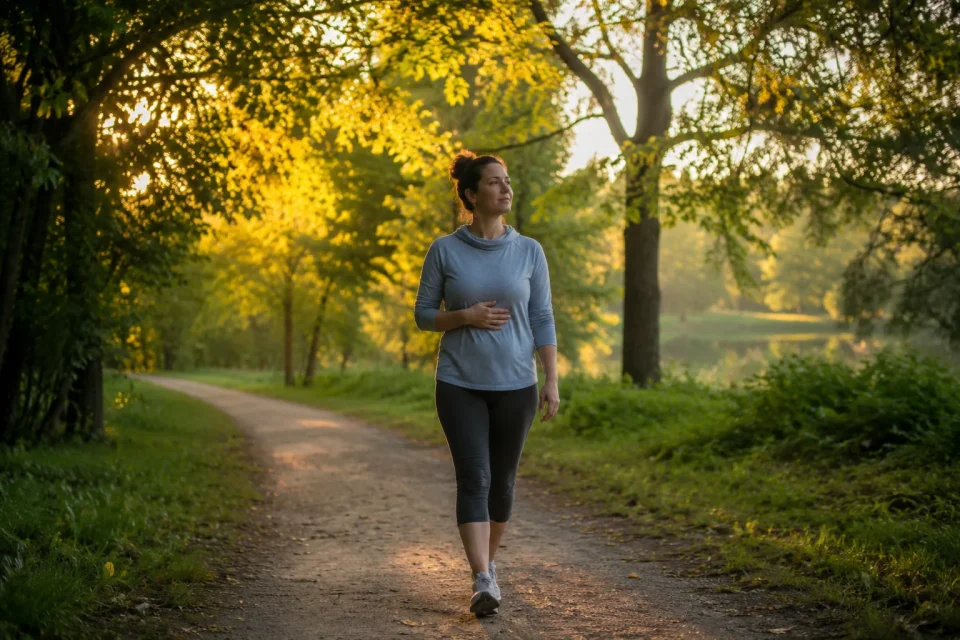 A woman walking a tree-lined path at sunrise