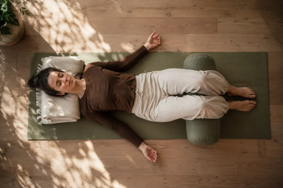 a person lying on a yoga mat in a supported restorative pose