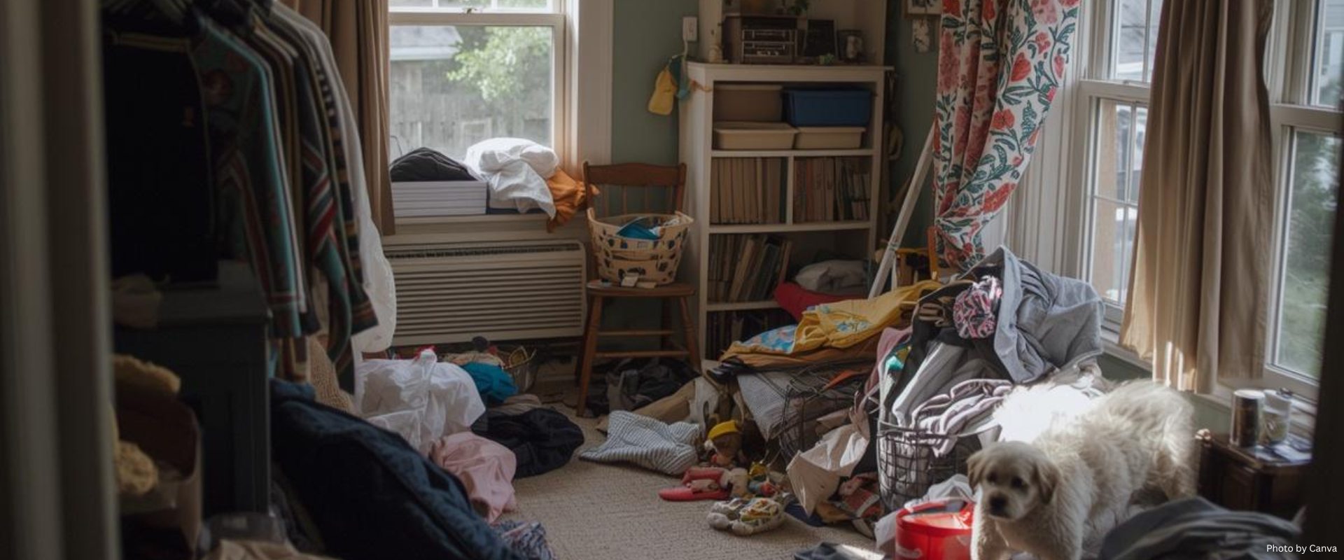 A room in a home filled with unfinished tasks like laundry