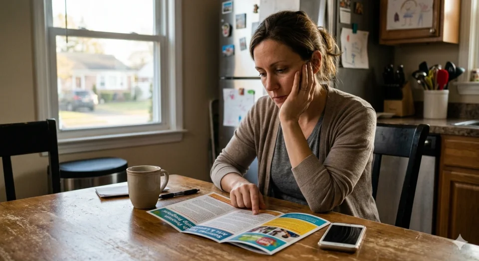 A parent reviewing a program brochure or website at a kitchen table