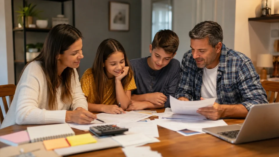 Family budgeting session in cozy dining room