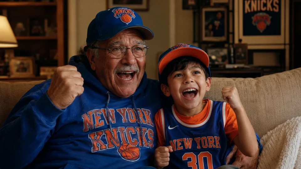 A grandparent and a young child watching a Knicks basketball game together on a couch