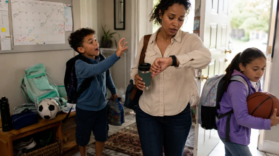 A parent and two school-age children - Morning Rush