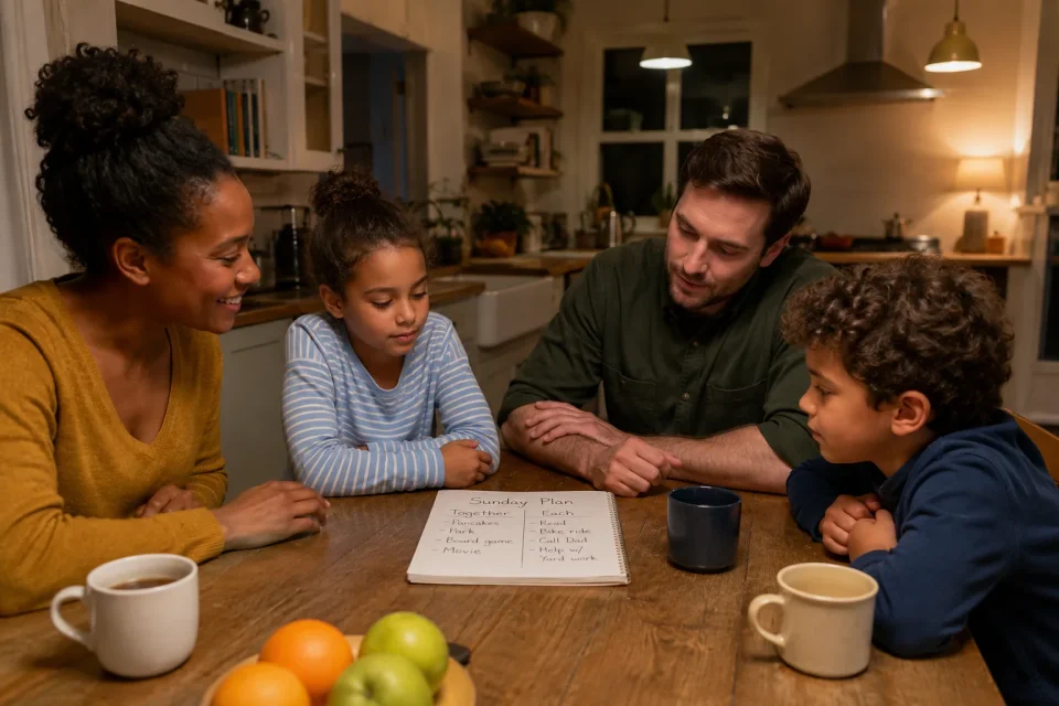 Family at a table planning