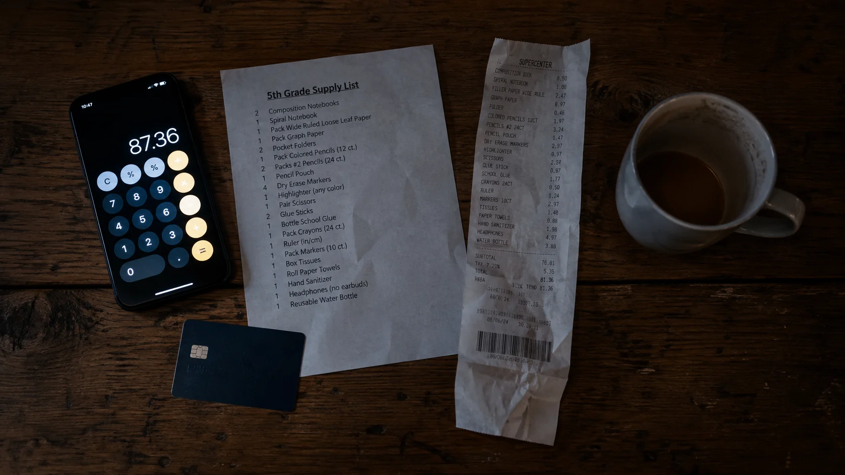 table with receipt and supply list