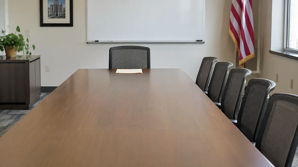 school conference table set for a meeting