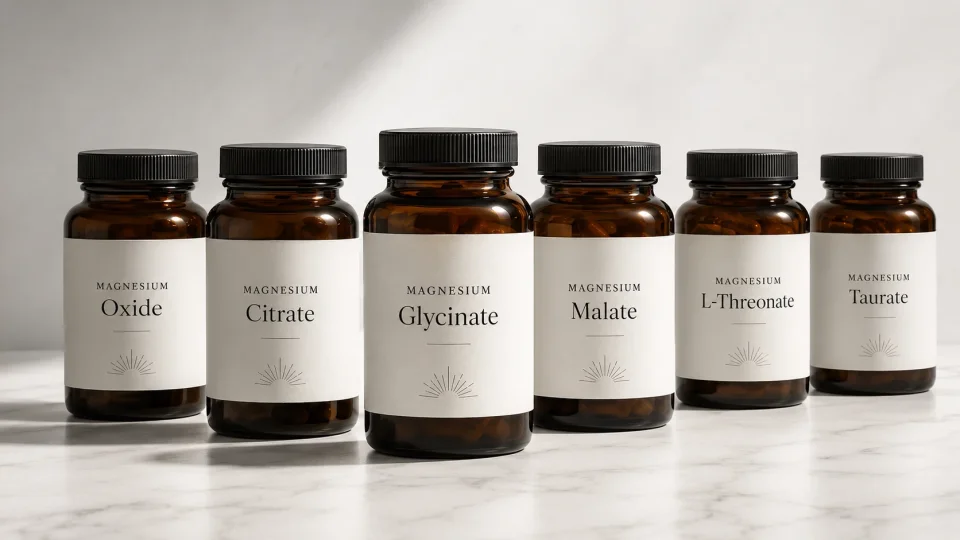 supplement bottles arranged on a pale stone surface, each labeled with a different magnesium