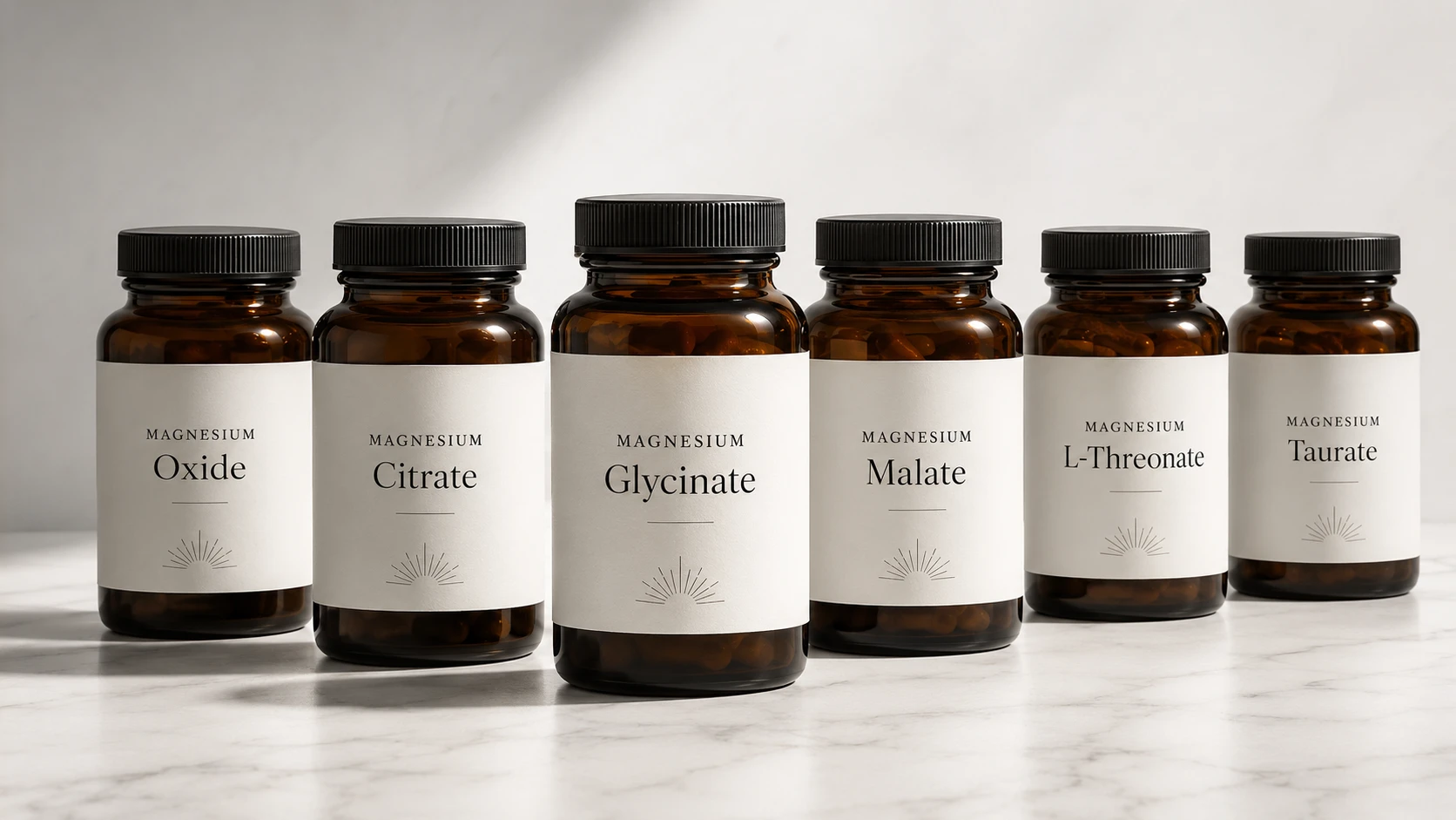 supplement bottles arranged on a pale stone surface, each labeled with a different magnesium