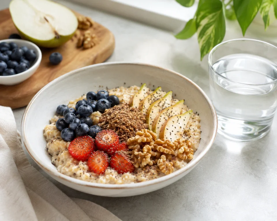 A bowl of oatmeal topped with berries, chia seeds, ground flaxseed, sliced pear, and walnuts beside a glass of water