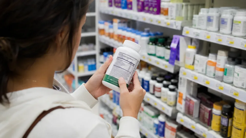 a person reading a supplement bottle
