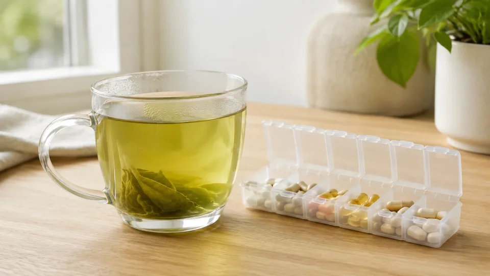 clear glass mug of green tea beside a translucent weekly pill organizer