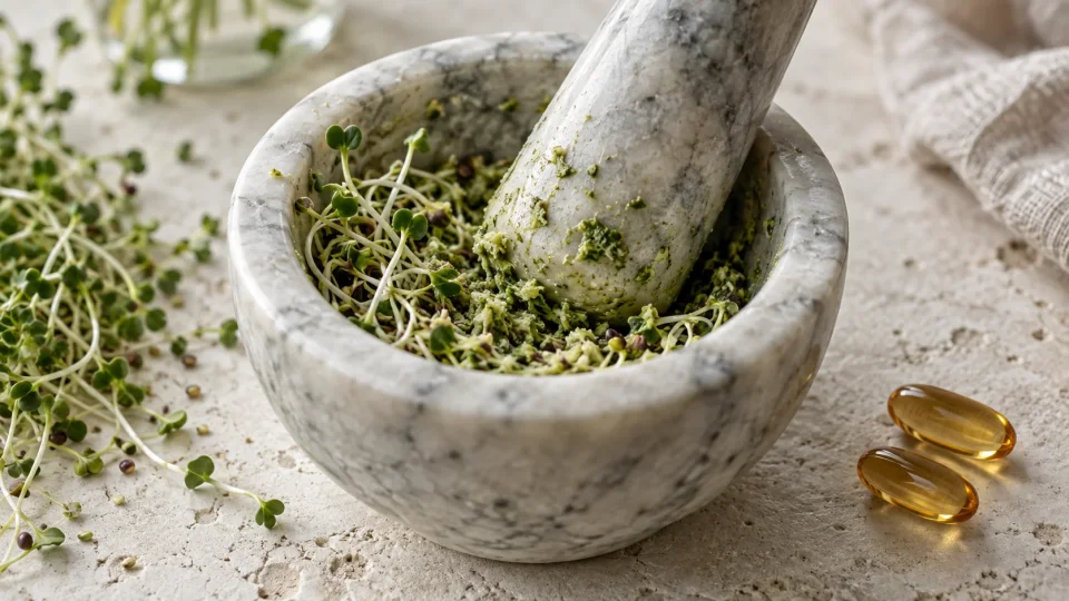 Broccoli sprouts being crushed with a marble mortar