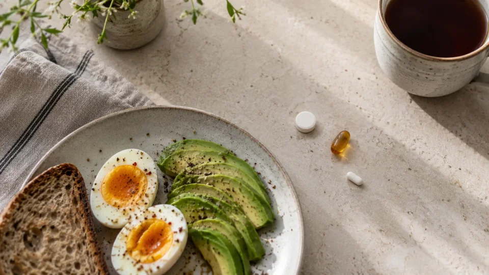 Healthy Breakfast with Tea and Supplements