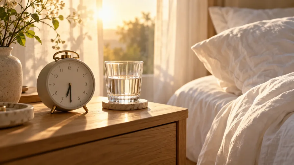Bedside with table, water, and alarm clock