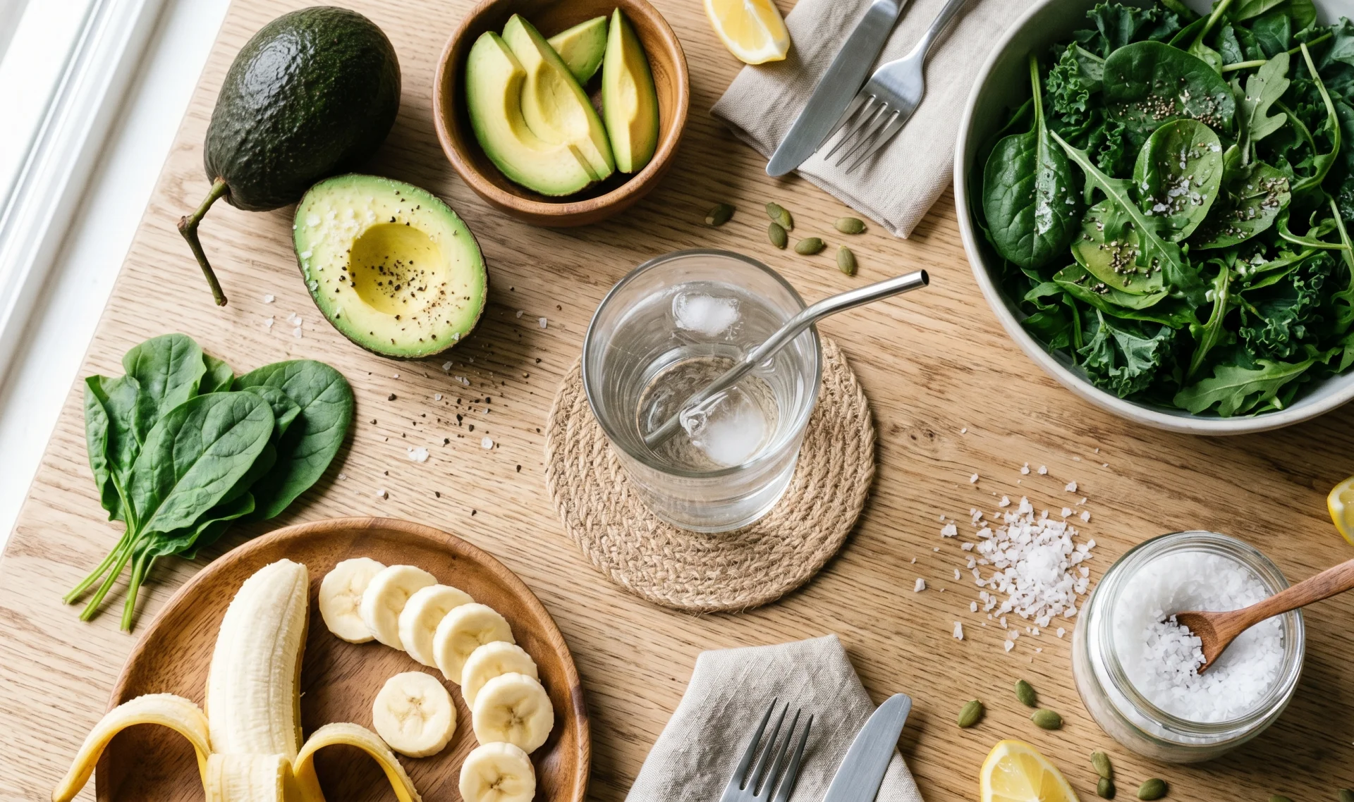 A flat-lay of electrolyte-rich foods (avocado, banana, leafy greens, sea salt) arranged around a glass of water