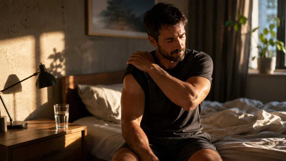 an athletic man sitting on the edge of a bed stretching a stiff shoulder