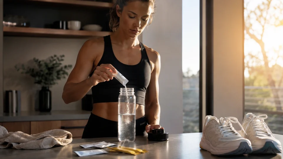 an athlete preparing a clear hydration bottle on a kitchen counter