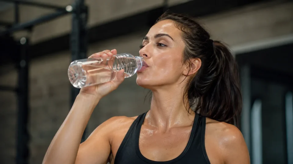 woman drinking water following a workout