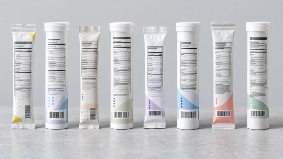 a row of eight plain unbranded electrolyte drink mix stick packs