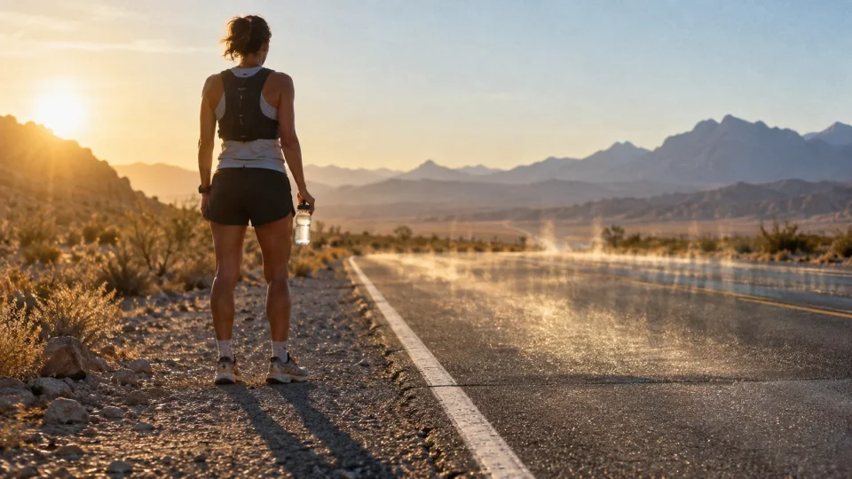 endurance runner in technical kit holding a clear sports bottle